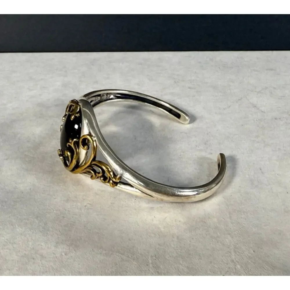 Carolyn Pollack Sterling Silver Brass Gold Sheen Obsidian Cuff Bracelet 925